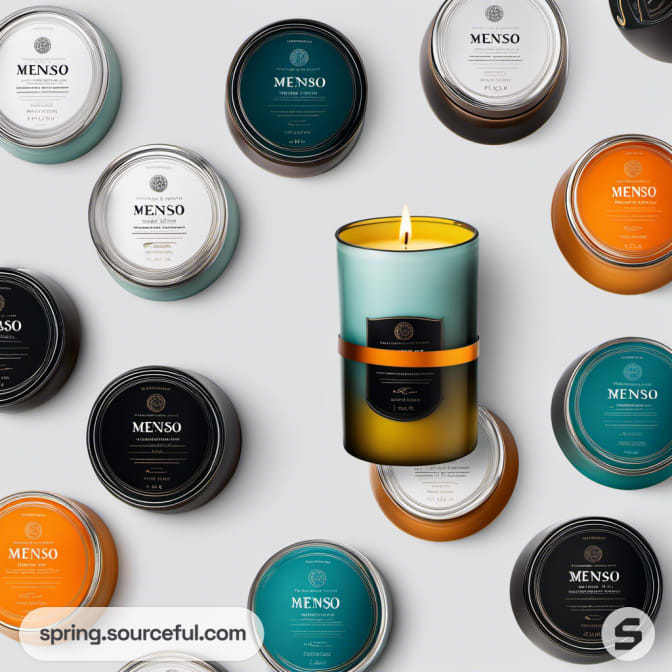 Round candles in tins with varied labels, centered by a teal candle with a wick on a gray background.
