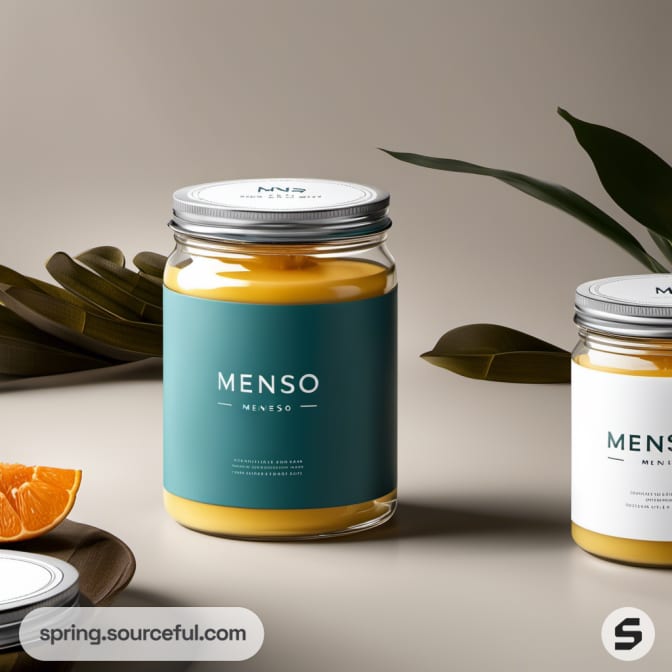 Candle in a glass jar with a teal label next to an orange slice and decorative leaves.