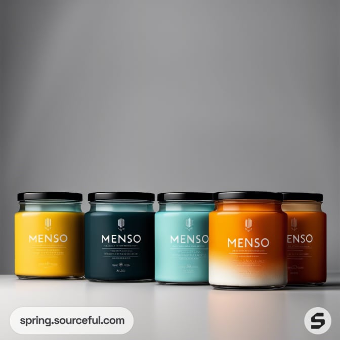 Set of candles in glass jars with black lids, showcasing different wax colors on a gray background.