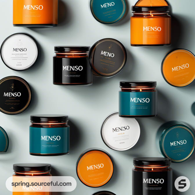 Assorted candle jars with black lids and labels, displayed on a light green surface.