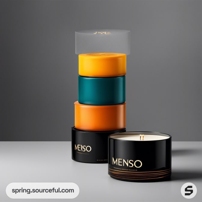 Stacked candles in round containers with vibrant colors and a black circular lid.