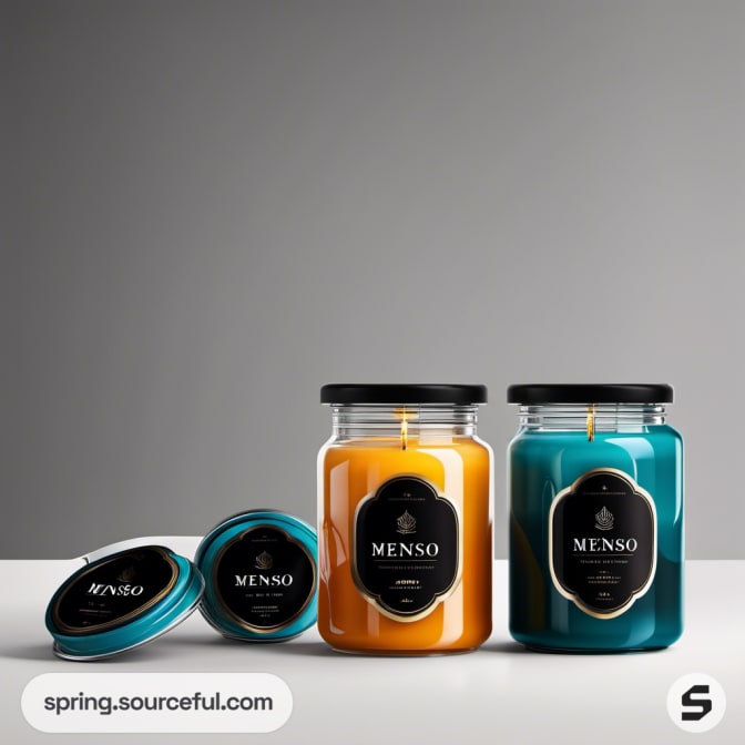 Two large square glass candles with black labels, alongside a smaller candle with a teal lid.