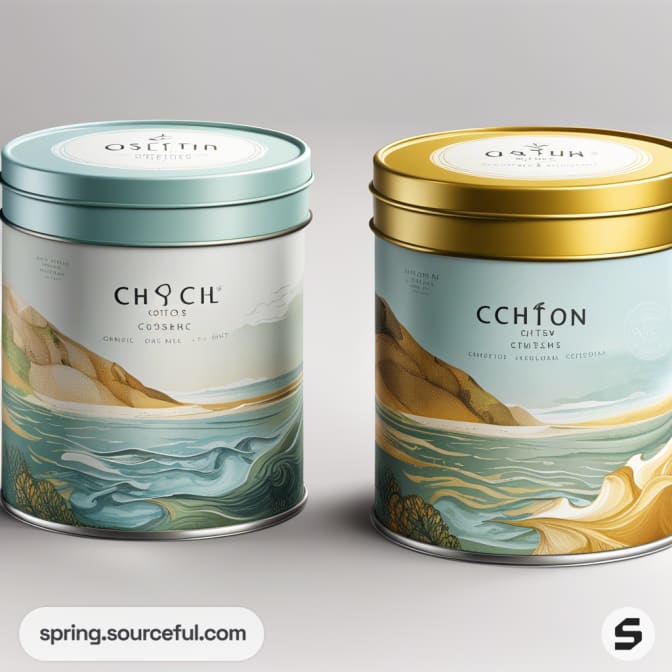 Two cylindrical tins with artistic landscape designs on teal and gold lids.