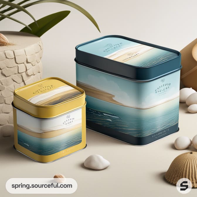 Two rectangular tins with abstract ocean designs, one small and yellow, one larger and blue, surrounded by seashells.