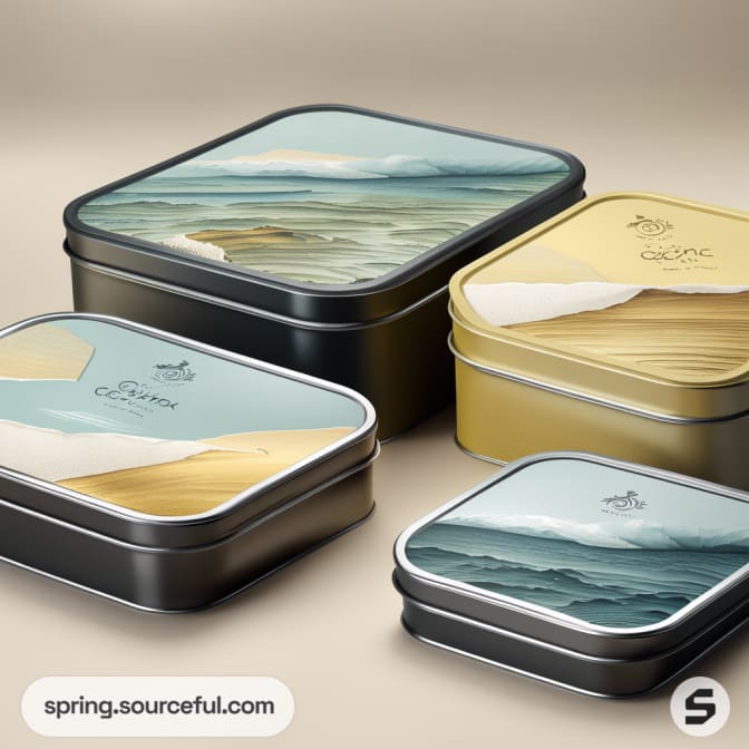 Four metal tins with beach and ocean designs, featuring waves and sand patterns, in various sizes and colors.