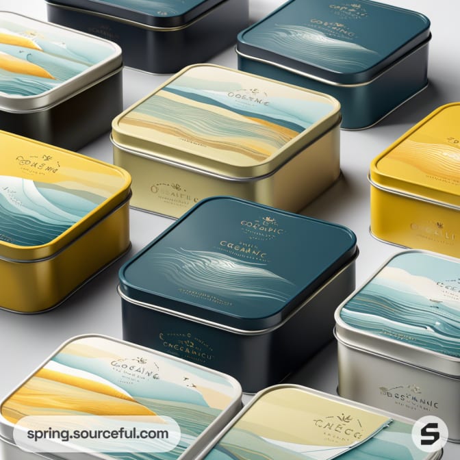 Square tins with abstract wave designs in blue, yellow, and gold on lids.