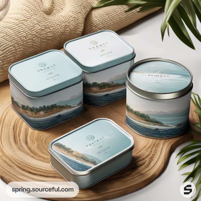 Square tins with ocean landscape design and light blue lids on a tropical-themed background.