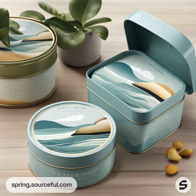 Square tins with landscape design, featuring blue waves and beige hills, on a wooden surface with small plants.