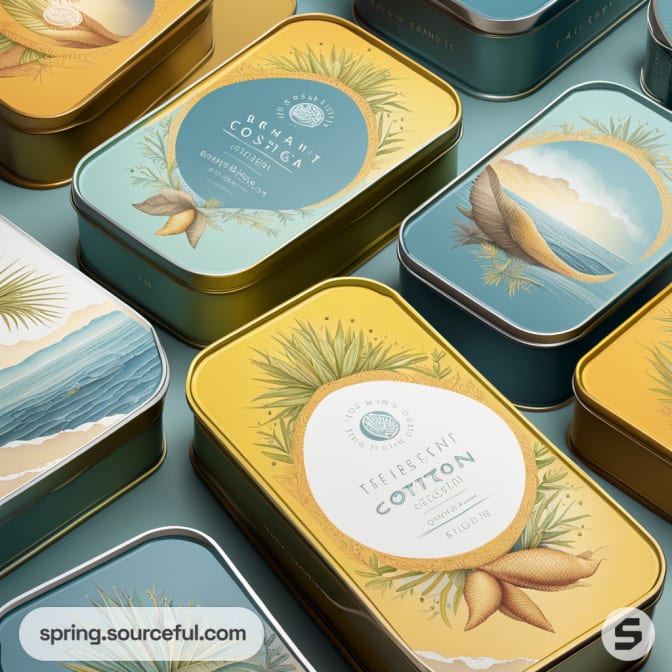 Rectangular tin boxes with coastal-themed illustrations and decorative borders.