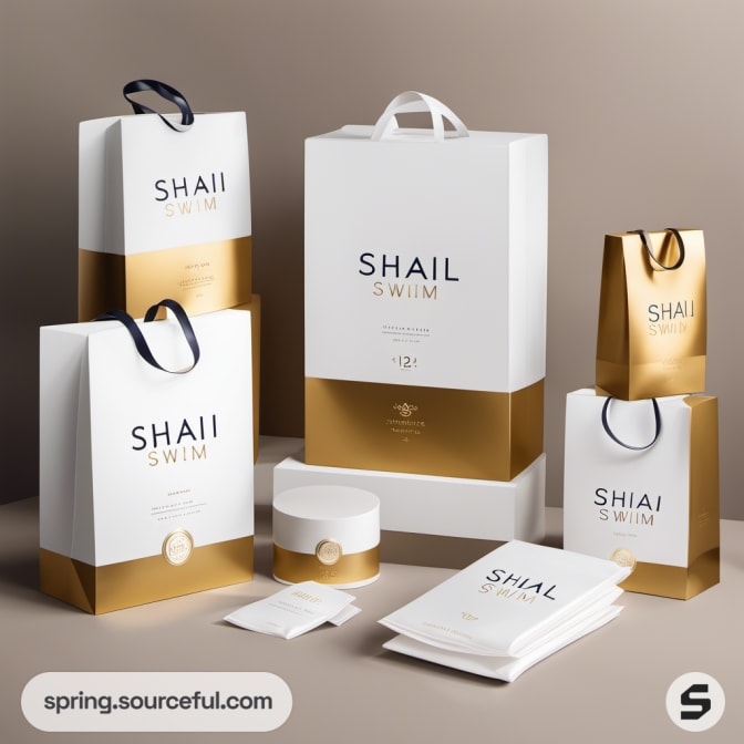 White and gold luxury shopping bags with handles.