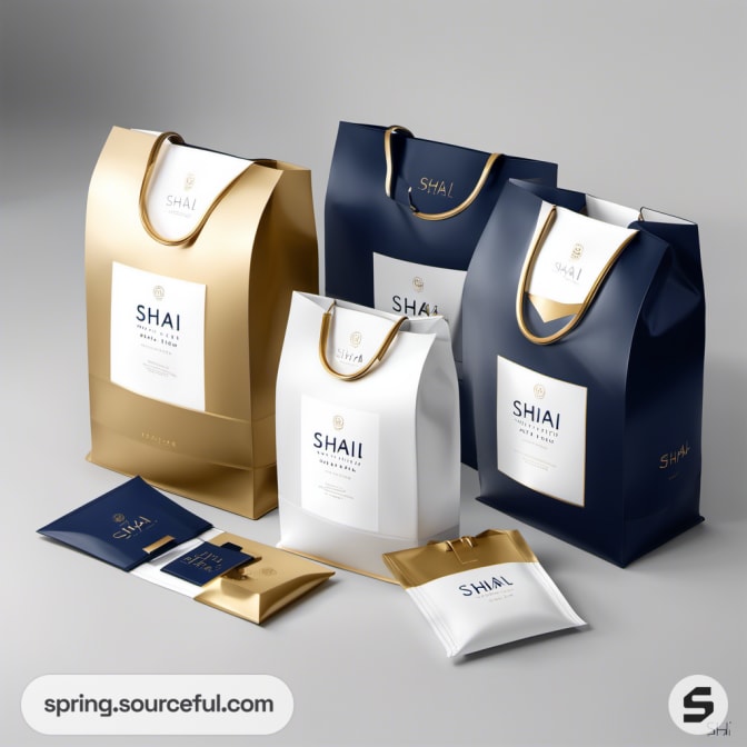 White, gold, and blue shopping bags with elegant design.