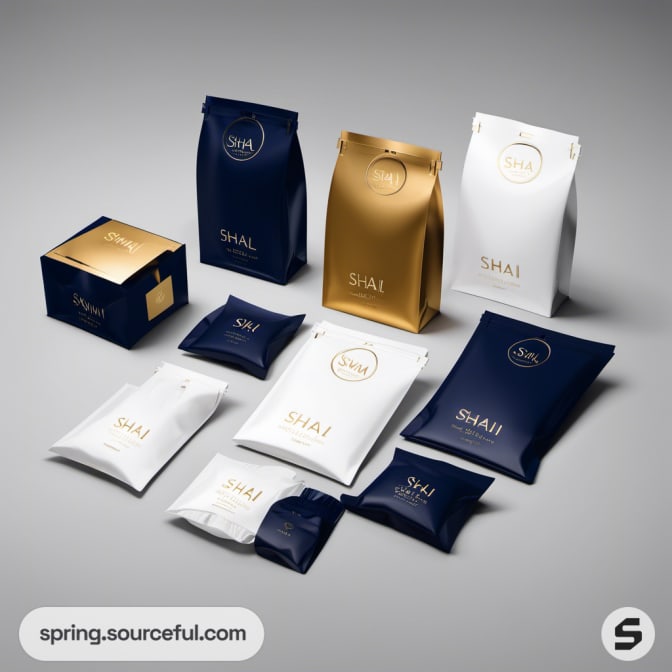 Assorted luxury packaging in navy, gold, and white.