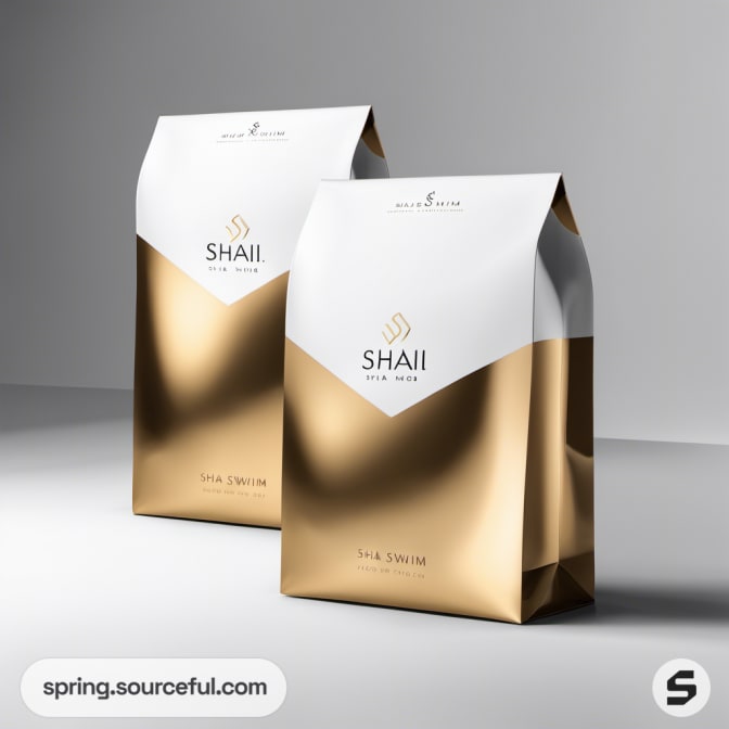 Two white and gold foil bags with elegant branding.