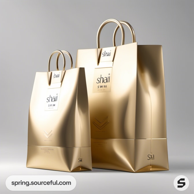 Two large gold shopping bags with wire handles.