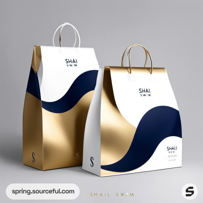 Gold and navy shopping bags with wave design.
