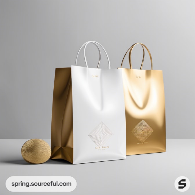 White and gold luxury bags with geometric accents.