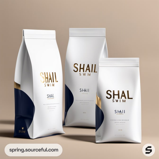 Minimalist white pouches with navy and gold accents.