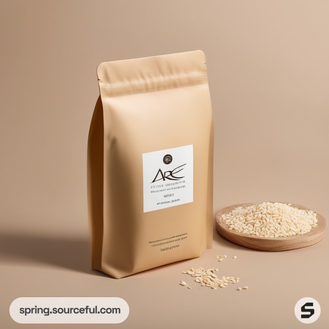 Beige resealable pouch with rice grains on the side.