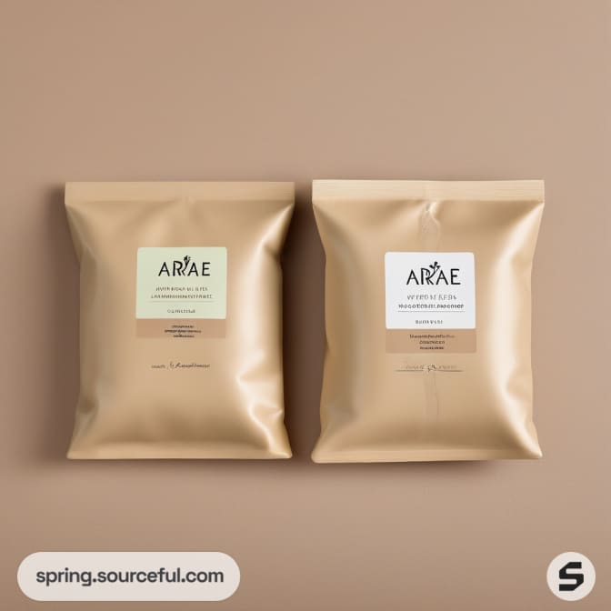 Two beige pouches with brand labels on a flat surface.