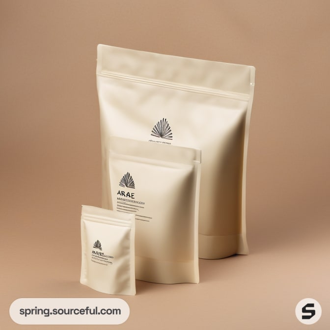 Three beige pouches in varying sizes standing upright.