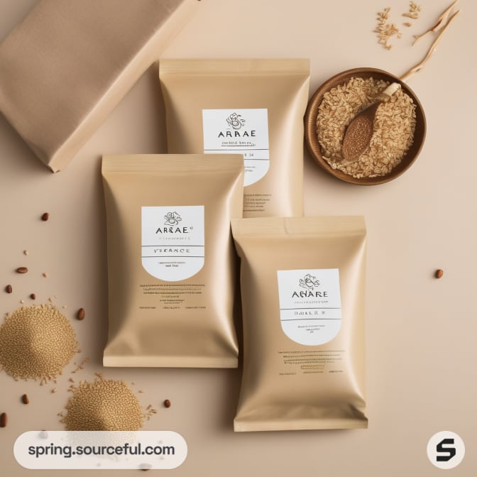 Three beige packages with rice grains, flat lay style.