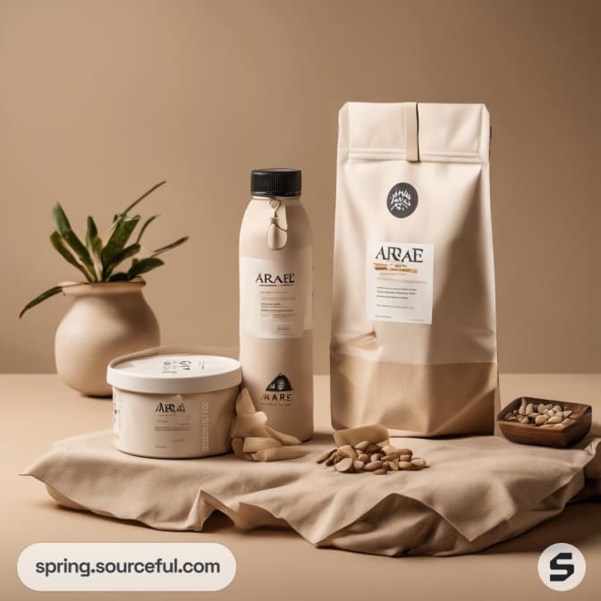 Cream-colored bottle, tub, and bag next to a small plant.