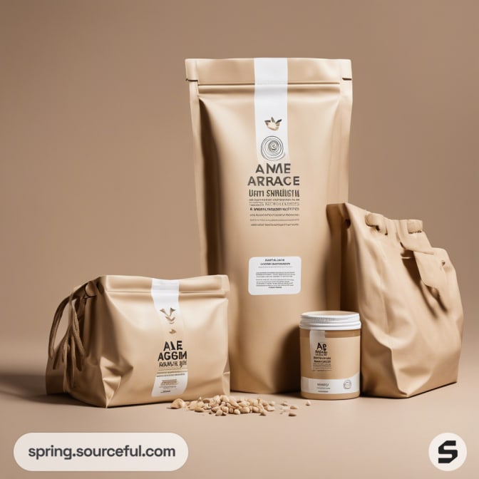 Beige pouches and tub grouped together on a tan background.