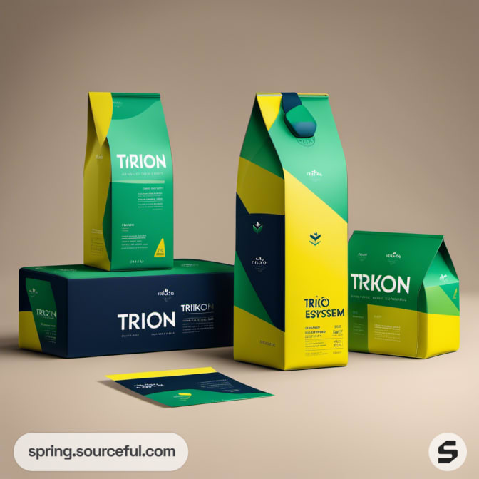 Carton and box packaging in green and navy with yellow accents on a tan background.