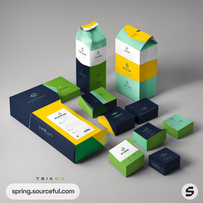 Rectangular and cube packaging in green, navy, and yellow with simple geometric designs.