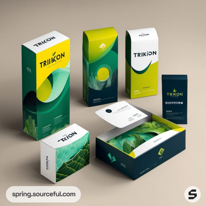 Diverse packaging in green shades with leaf designs, featuring box and elegant pouch styles.