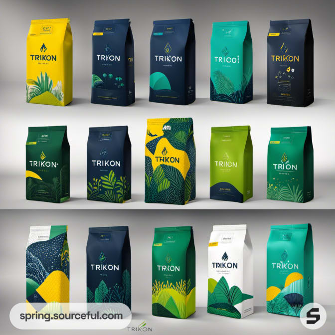 Rows of stand-up pouches in green, yellow, and navy with botanical patterns.