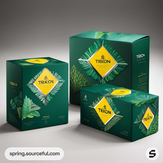 Square boxes in vibrant green with yellow diamond patterns and leaf illustrations.