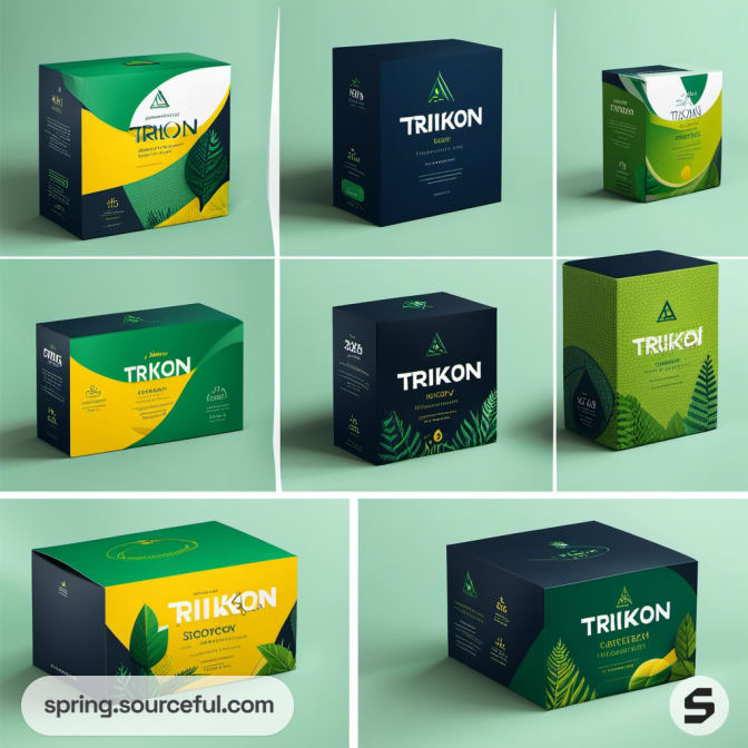 Different box shapes in green and yellow, featuring natural and botanical themes.