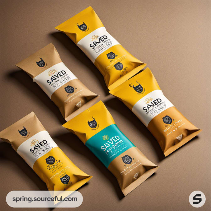 Five snack bags in brown and yellow colors on tan background.