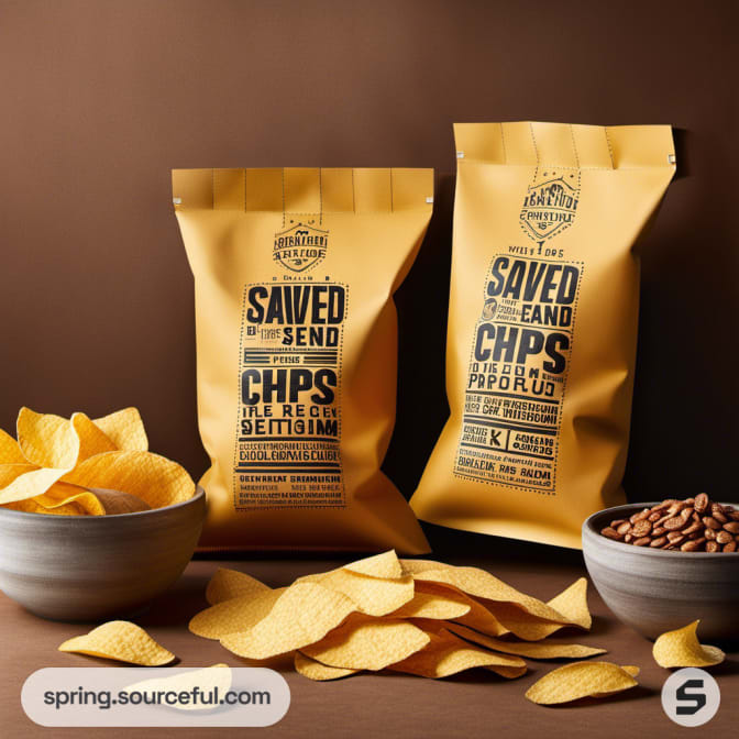 Two chip bags and a bowl of chips on wooden surface.