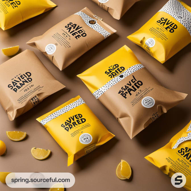 Snack bags in yellow and brown with lemon slices.