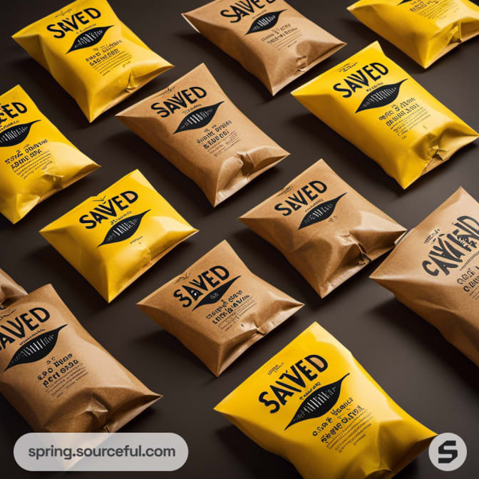 Snack bags in alternating brown and yellow with leaf logo.