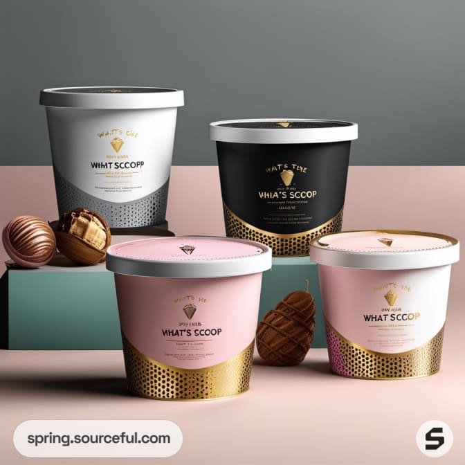 Four ice cream tubs with black, white, and pink designs on a green background.