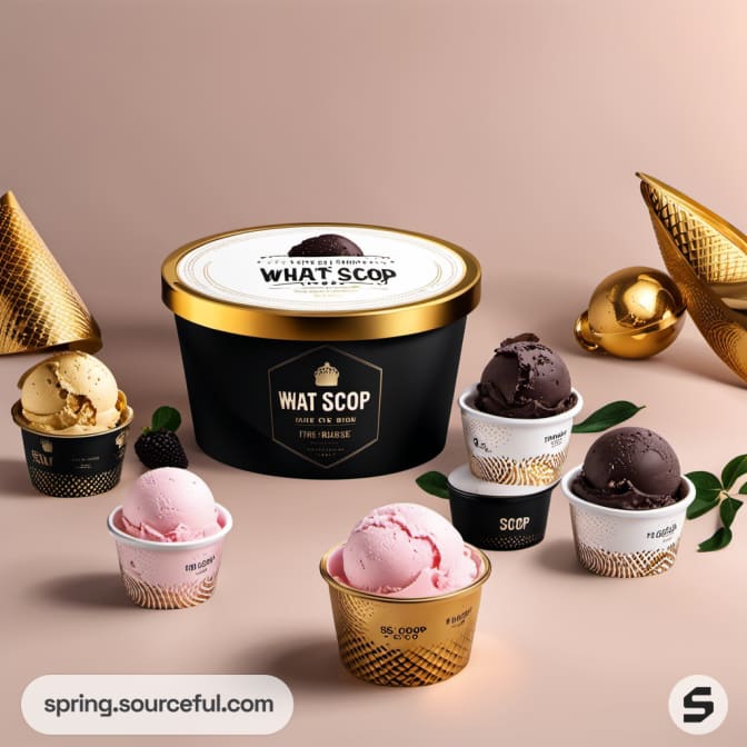 Ice cream tub with gold lid and small cups on a beige surface with golden chocolates.