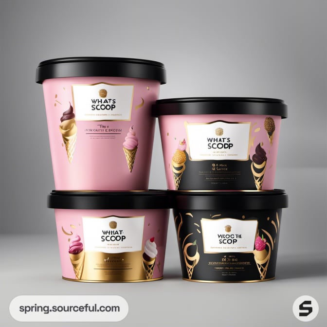 Four ice cream tubs with pink and black designs on a gray background.