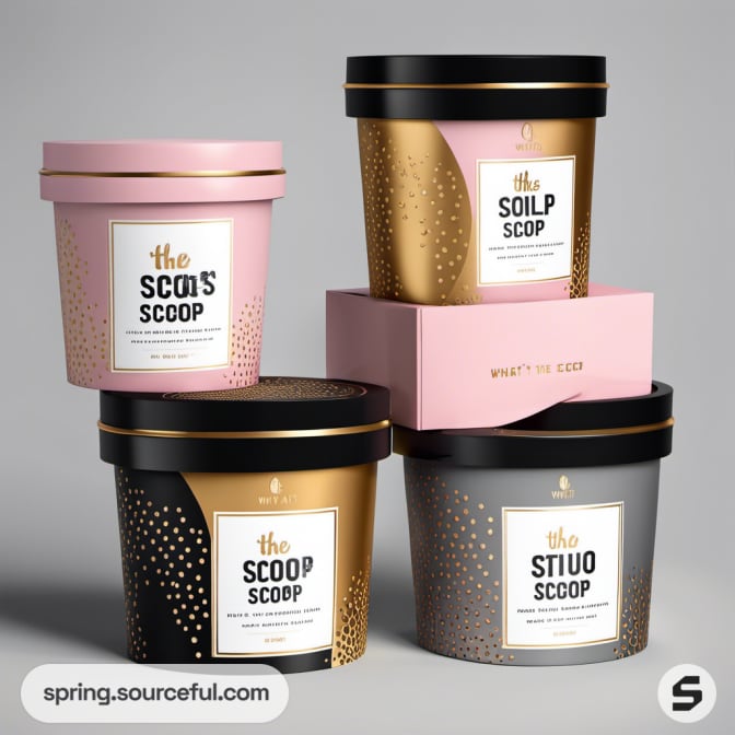 Four ice cream tubs with pink and gold designs on a gray background.