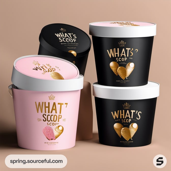 Four ice cream tubs with black and pink designs on a beige background.