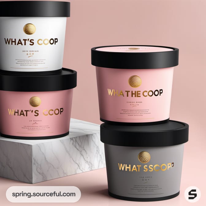 Four ice cream tubs in white, pink, and gray with black lids on a marble shelf.