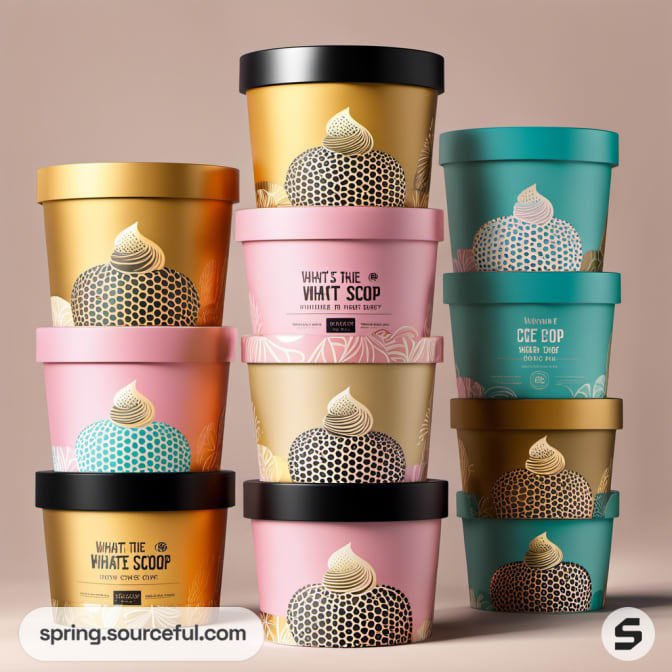 Tall stacks of ice cream tubs in gold, pink, and teal with decorative patterns.