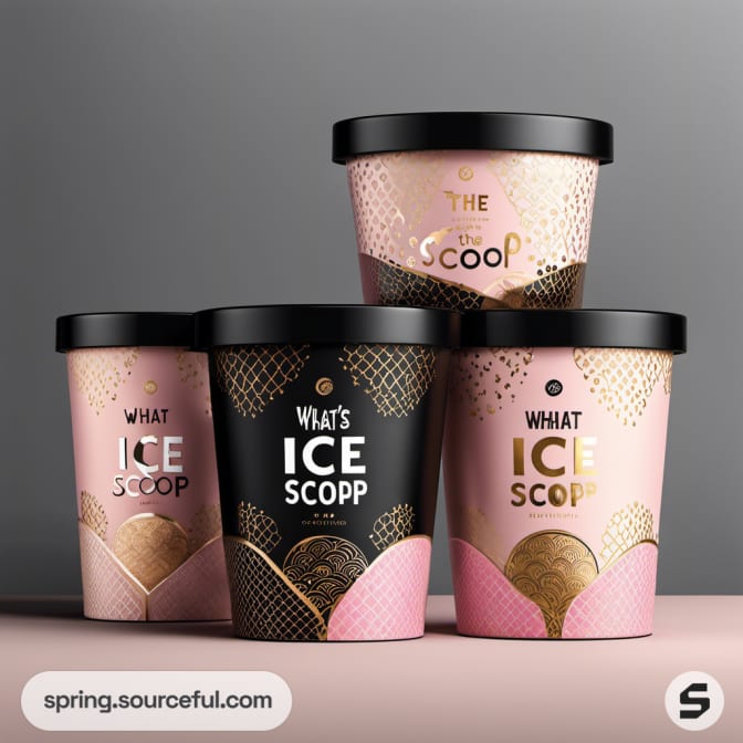 Four ice cream tubs in pink and black with gold accents on a dark background.