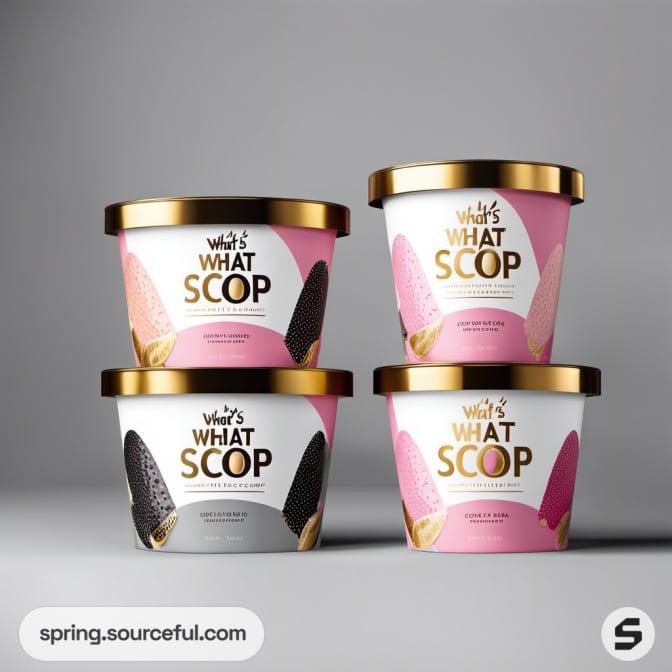Four ice cream tubs with gold lids and pink designs on a gray background.