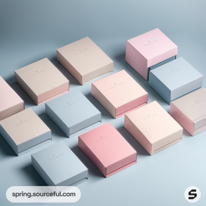 Pastel-colored drawer boxes in pink, beige, and light blue on a gradient background.