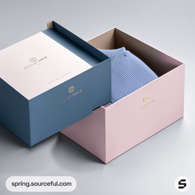 Luxury packaging box with a blue and pink gradient, open to reveal a folded blue fabric inside.