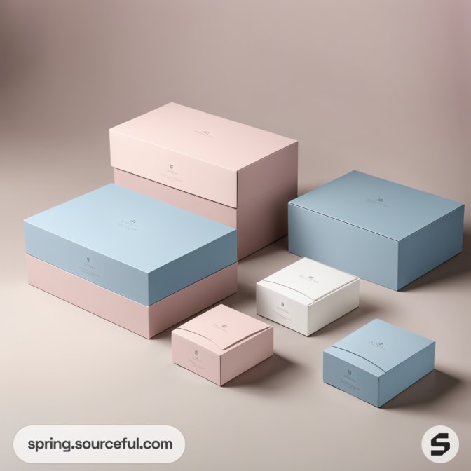 Pastel-colored stackable boxes in blue, pink, and white on a beige background.