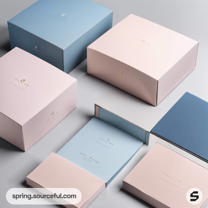 Pastel pink and blue foldable boxes on a gray surface.